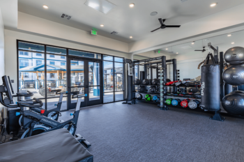 a gym with weights and cardio equipment at the district at jasper at victory ridge apartments